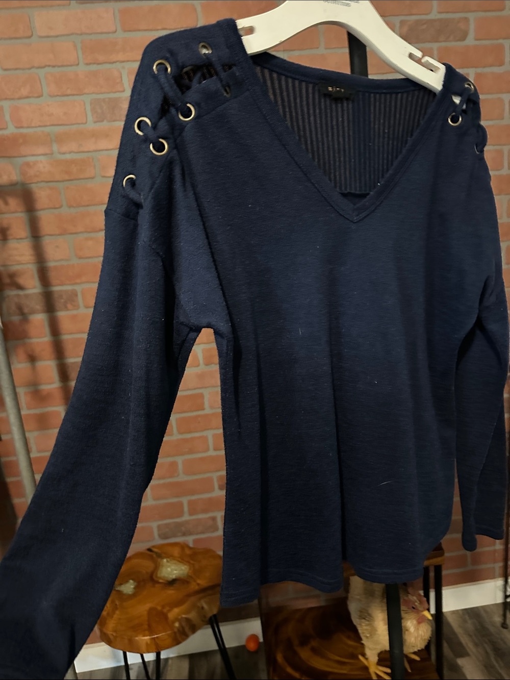 mine Navy V-Neck Lace-Up Shoulder Sweatshirt